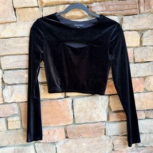 Y2K Jodi Kristopher Women 3 Black Velvet Cutout Long Sleeve Crop Top Goth Grunge